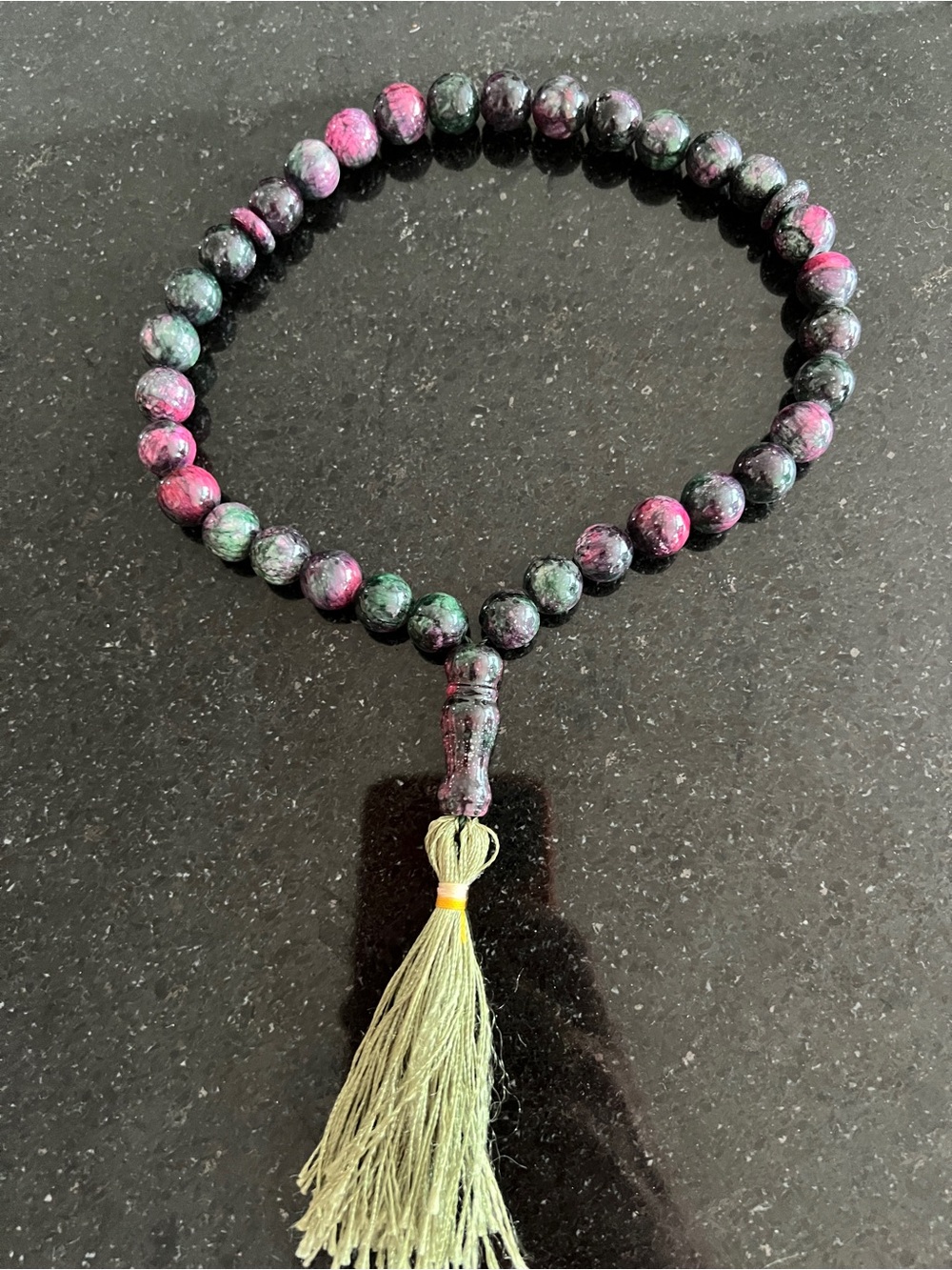 Natural stone Beaded Prayer Mala Bracelet with Green Tassel